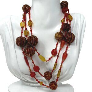 Red Gold Necklace Large Seed Beaded Stations‎ Assorted Beads Vintage 48 inches
